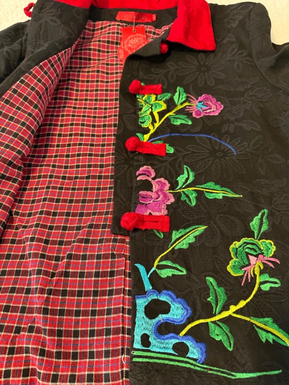 Black Embroidered Jacket with Red Collar and Multicolor Floral Detail - Picture 7 of 12
